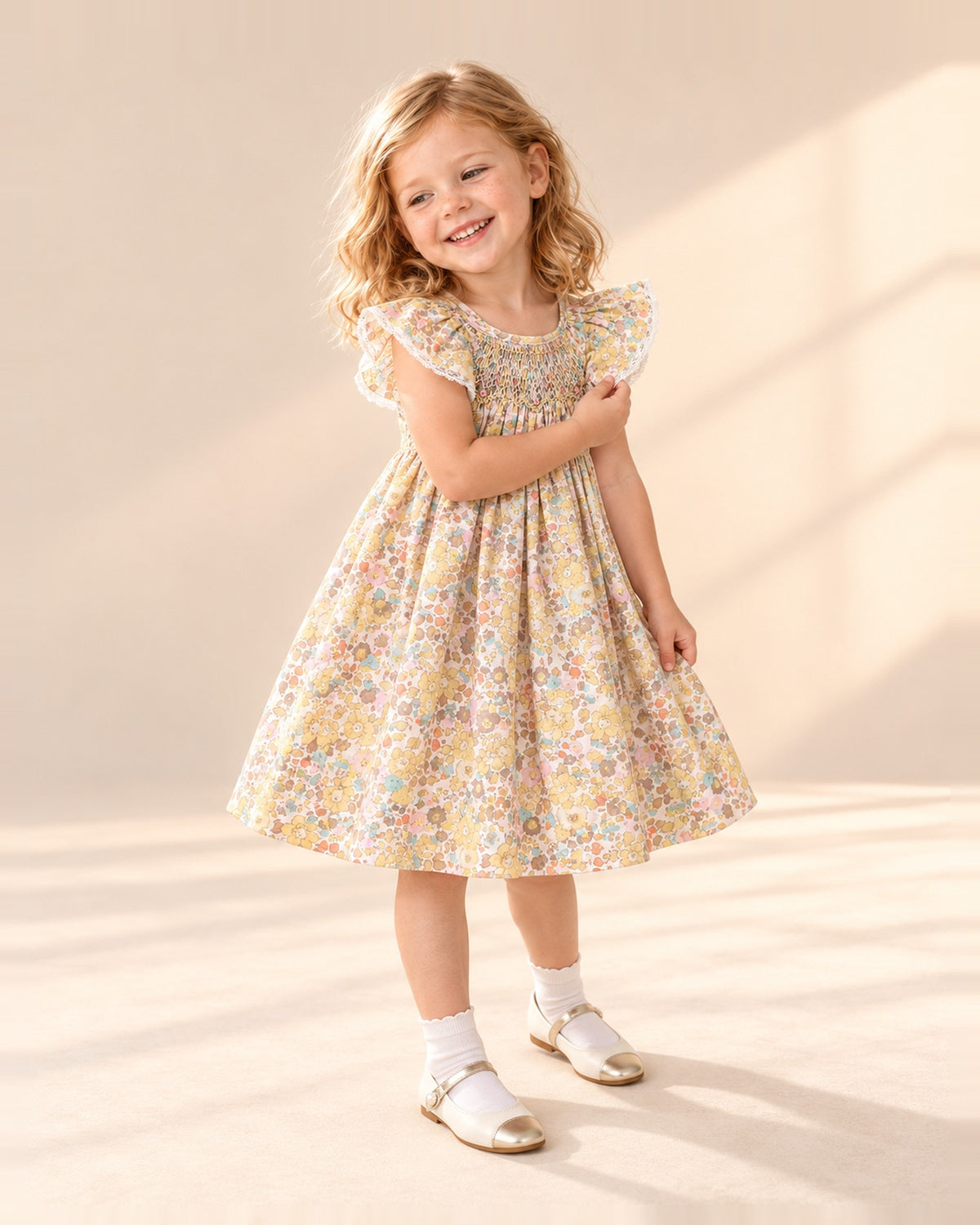 Yellow ditsy floral smocked dress with flutter sleeves – Yellow Floral