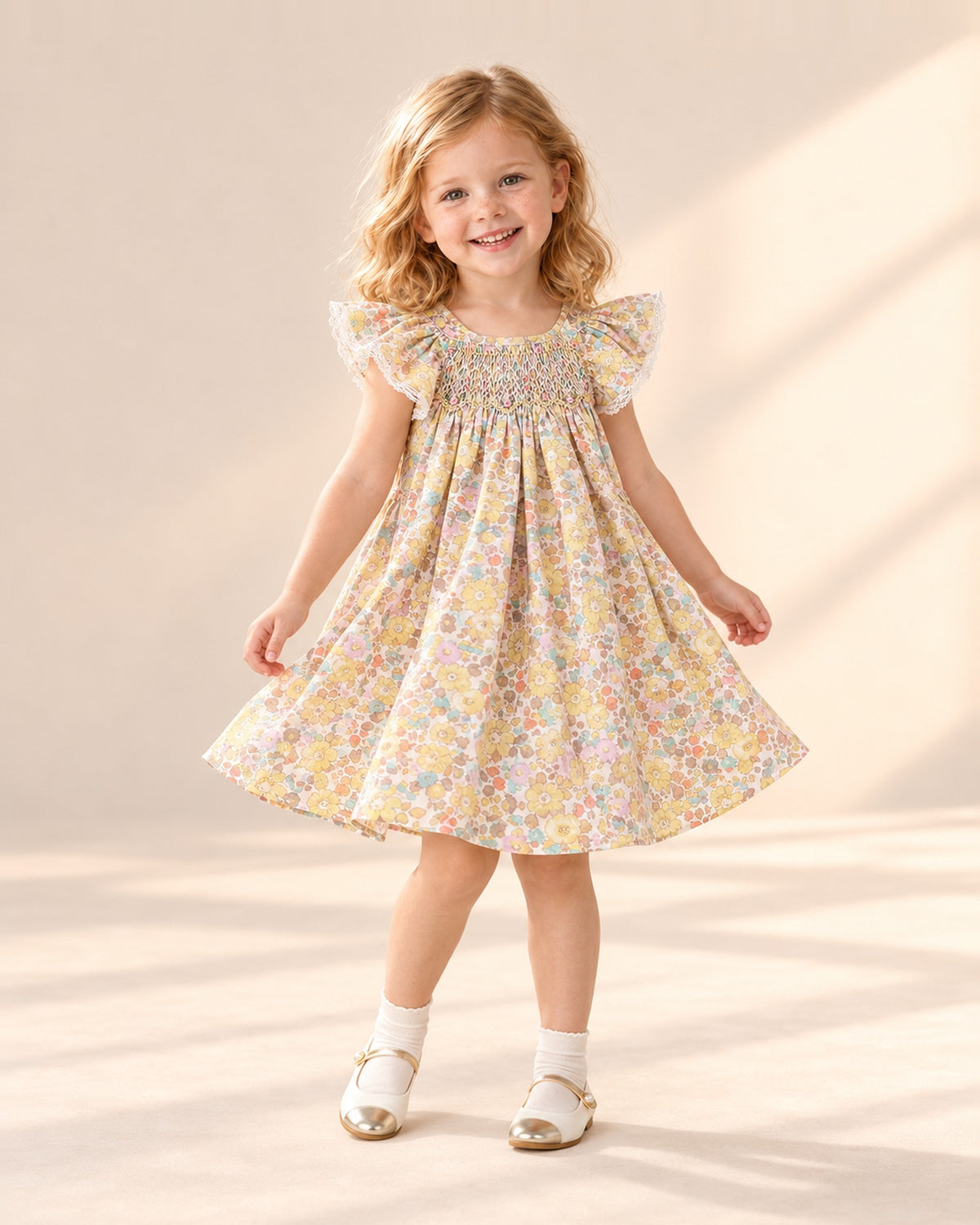 Girl in the yellow smocked dress and white Mary Janes, head to toe – Yellow Floral