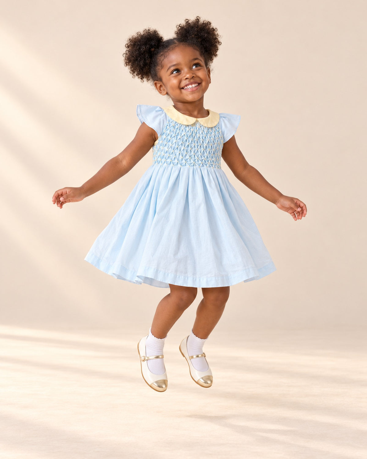 Girl in the light blue smocked dress and white Mary Janes, head to toe – Light Blue