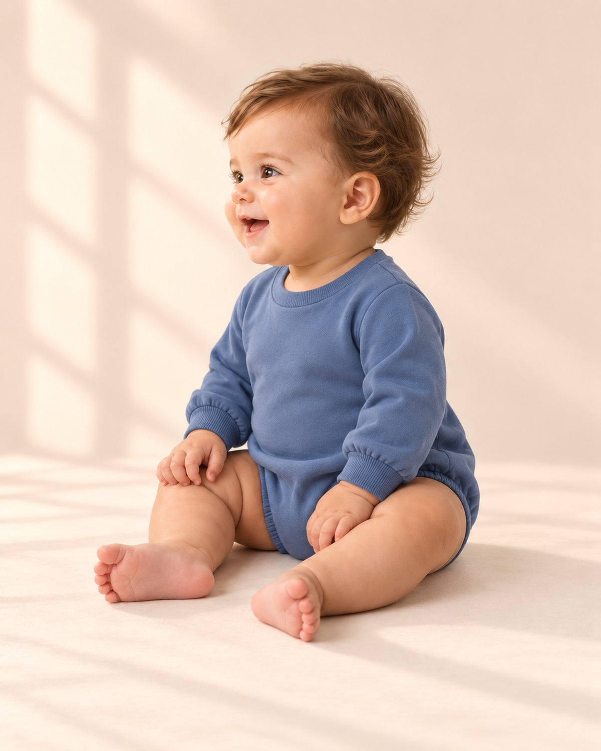 Side view showing the rounded bubble shape and elastic legs – Dusty Blue