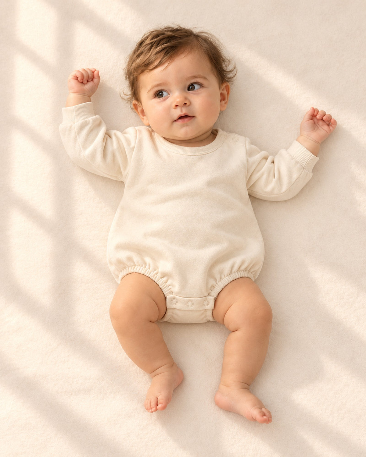 Gus Sweatshirt Bubble Romper in Cream – full front view