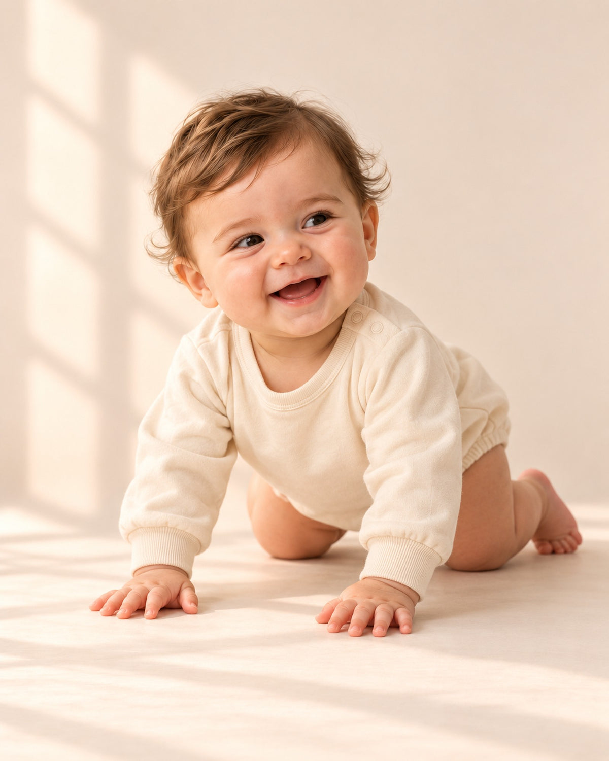 Gus Sweatshirt Bubble Romper in Cream – natural pose