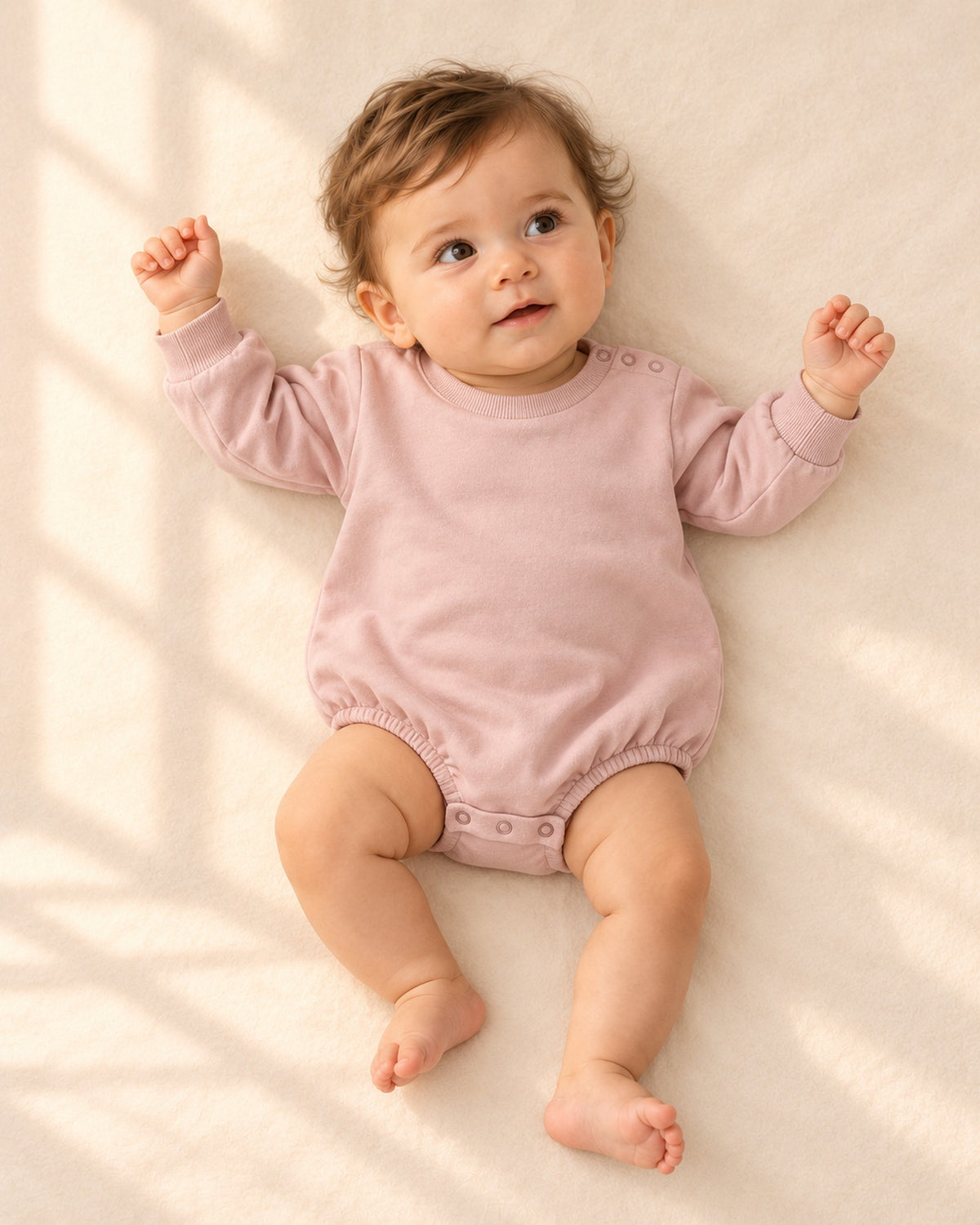 Gus Sweatshirt Bubble Romper in Dusty Pink – full front view
