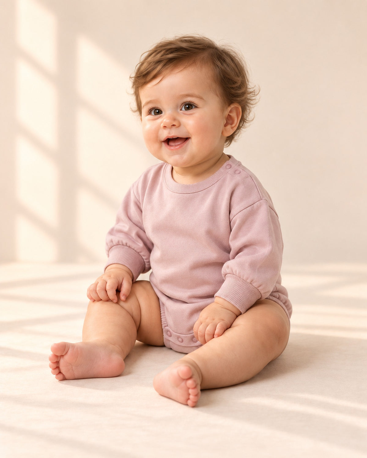 Gus Sweatshirt Bubble Romper in Dusty Pink – side view