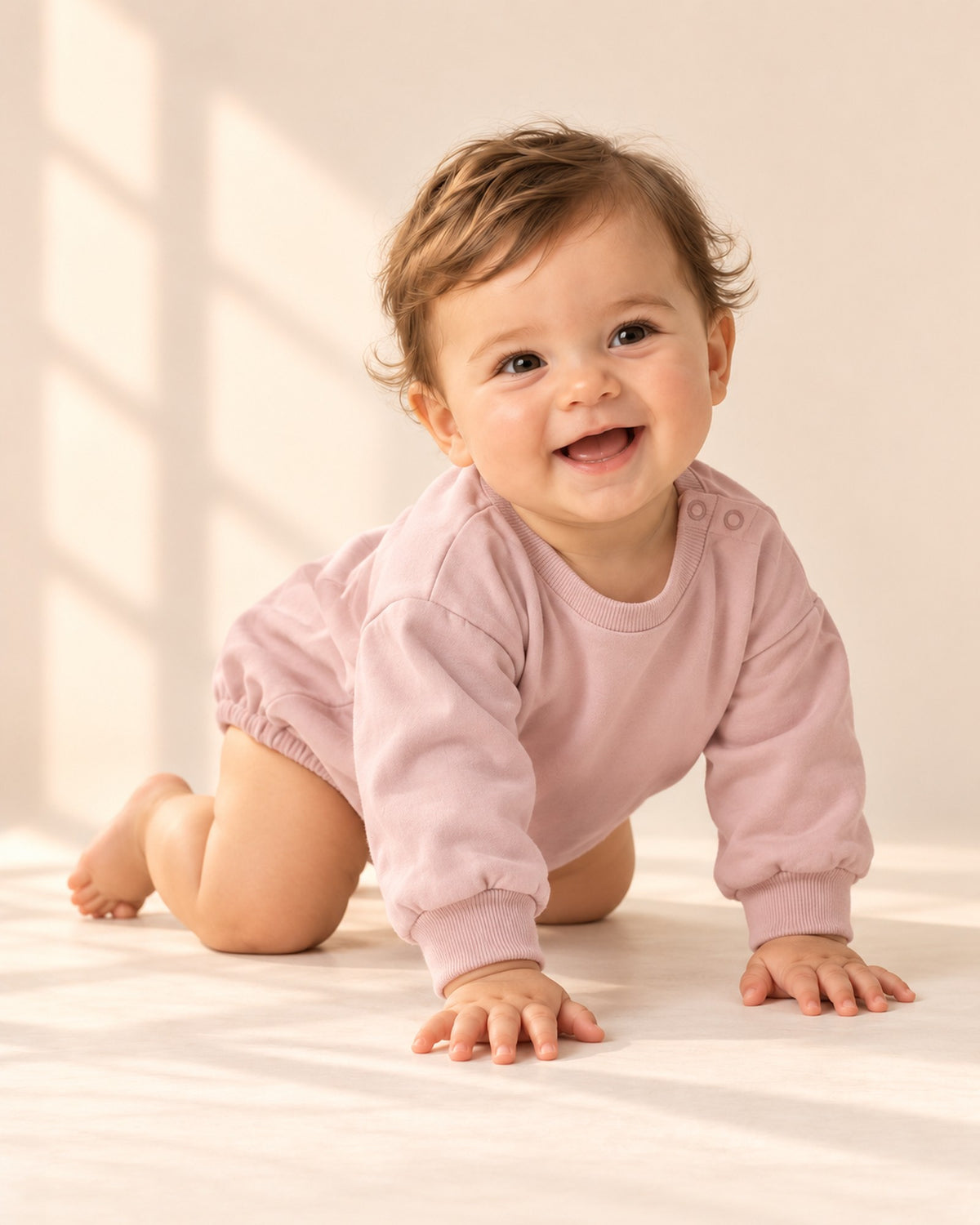Gus Sweatshirt Bubble Romper in Dusty Pink – natural pose