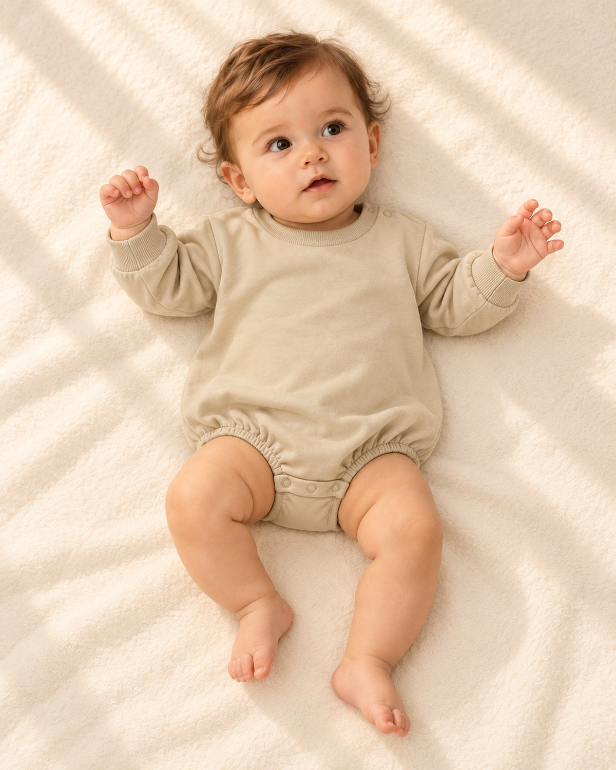 Gus Sweatshirt Bubble Romper in Khaki – full front view
