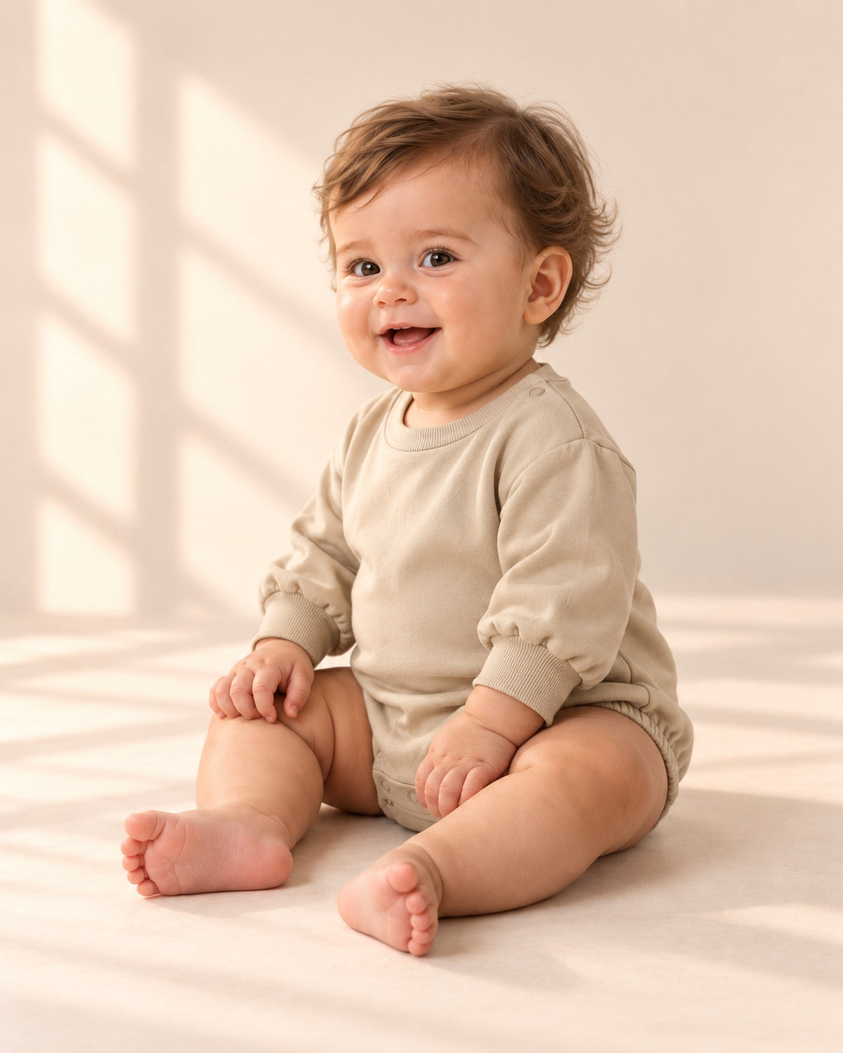Gus Sweatshirt Bubble Romper in Khaki – side view