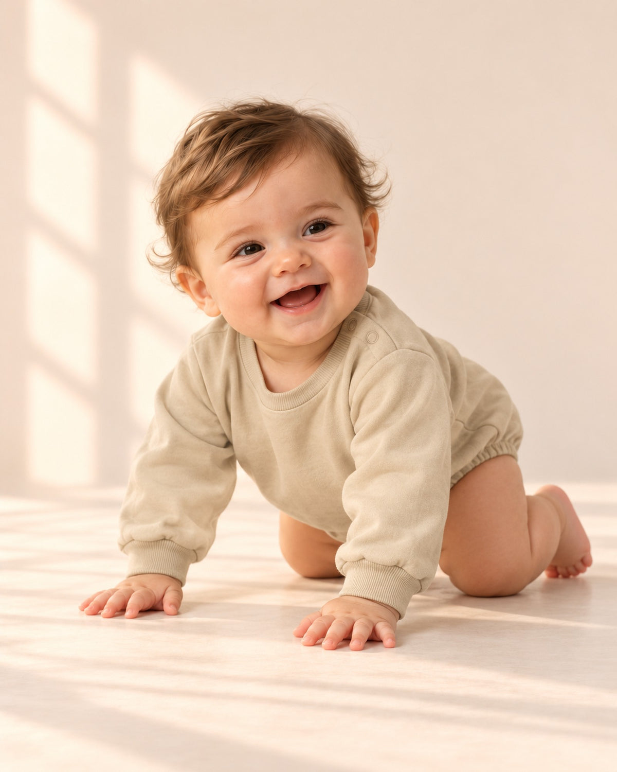Gus Sweatshirt Bubble Romper in Khaki – natural pose