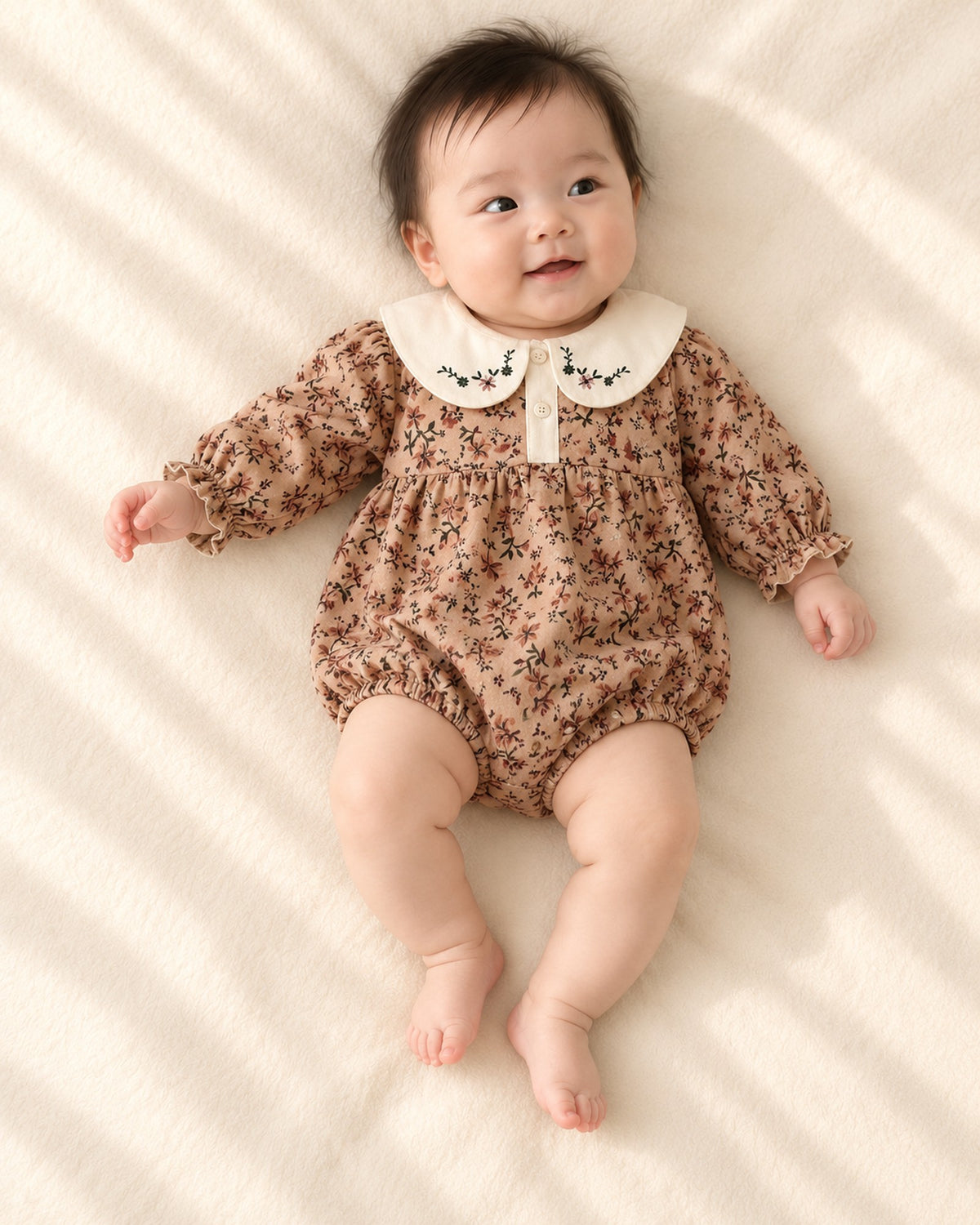 Opal Vintage Floral Bubble Romper in Mocha Floral – full front view