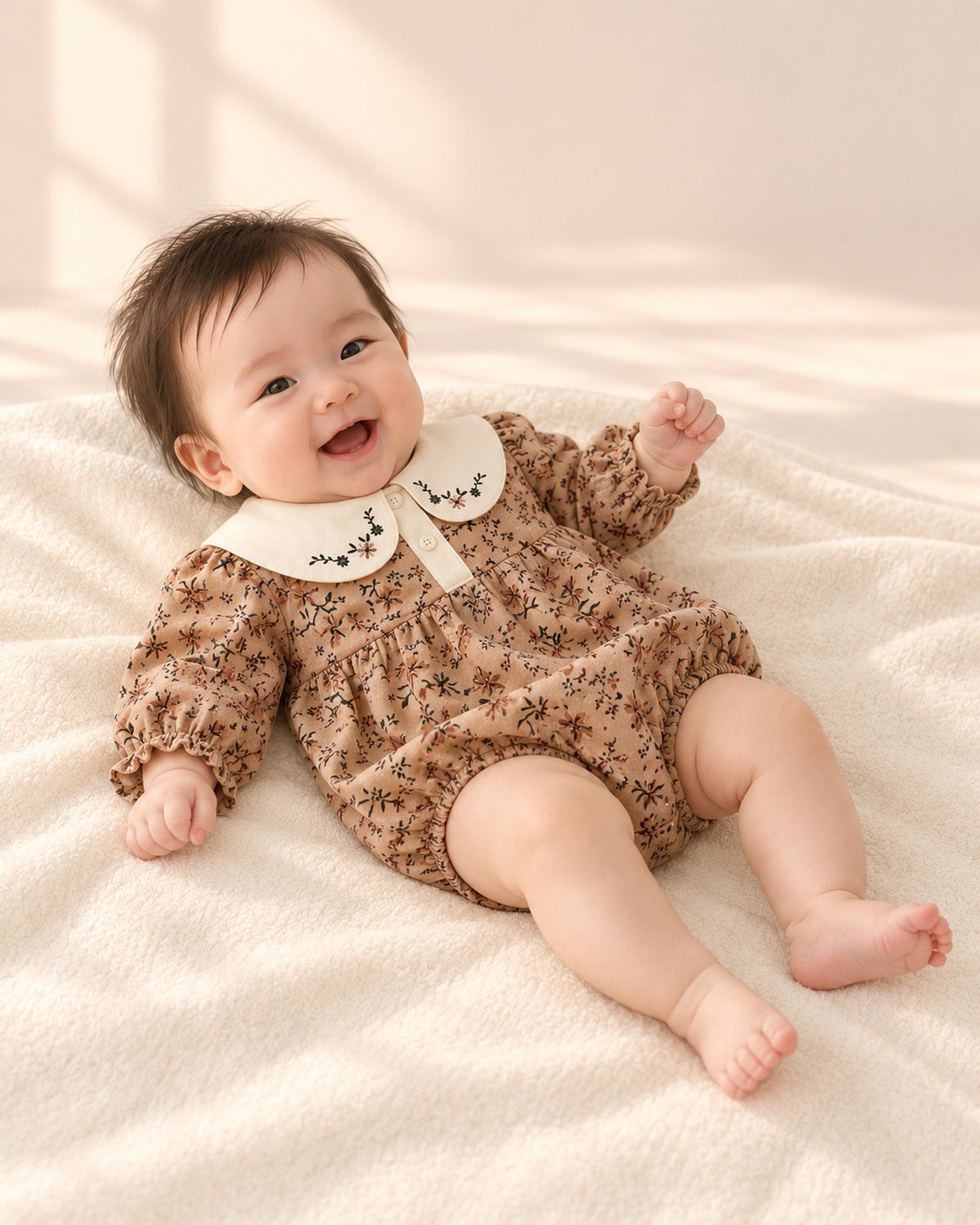 Opal Vintage Floral Bubble Romper in Mocha Floral – side view