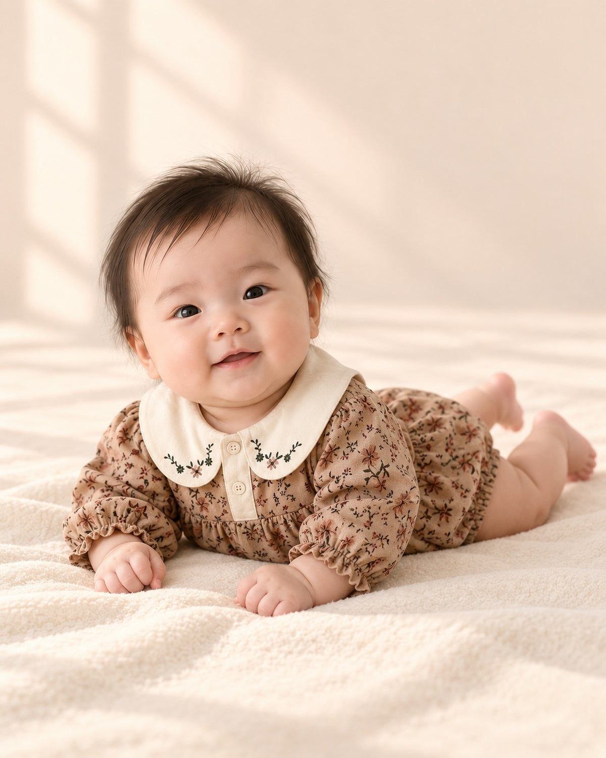 Opal Vintage Floral Bubble Romper in Mocha Floral – natural pose