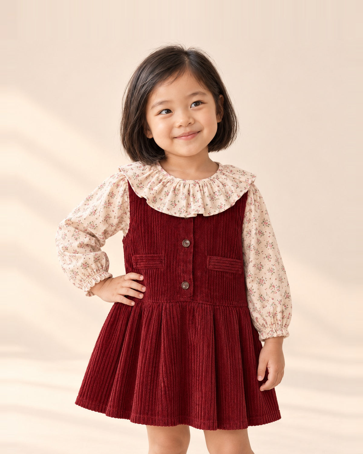 Girl in the Annie red corduroy pinafore dress, worn over a floral blouse – Deep Red