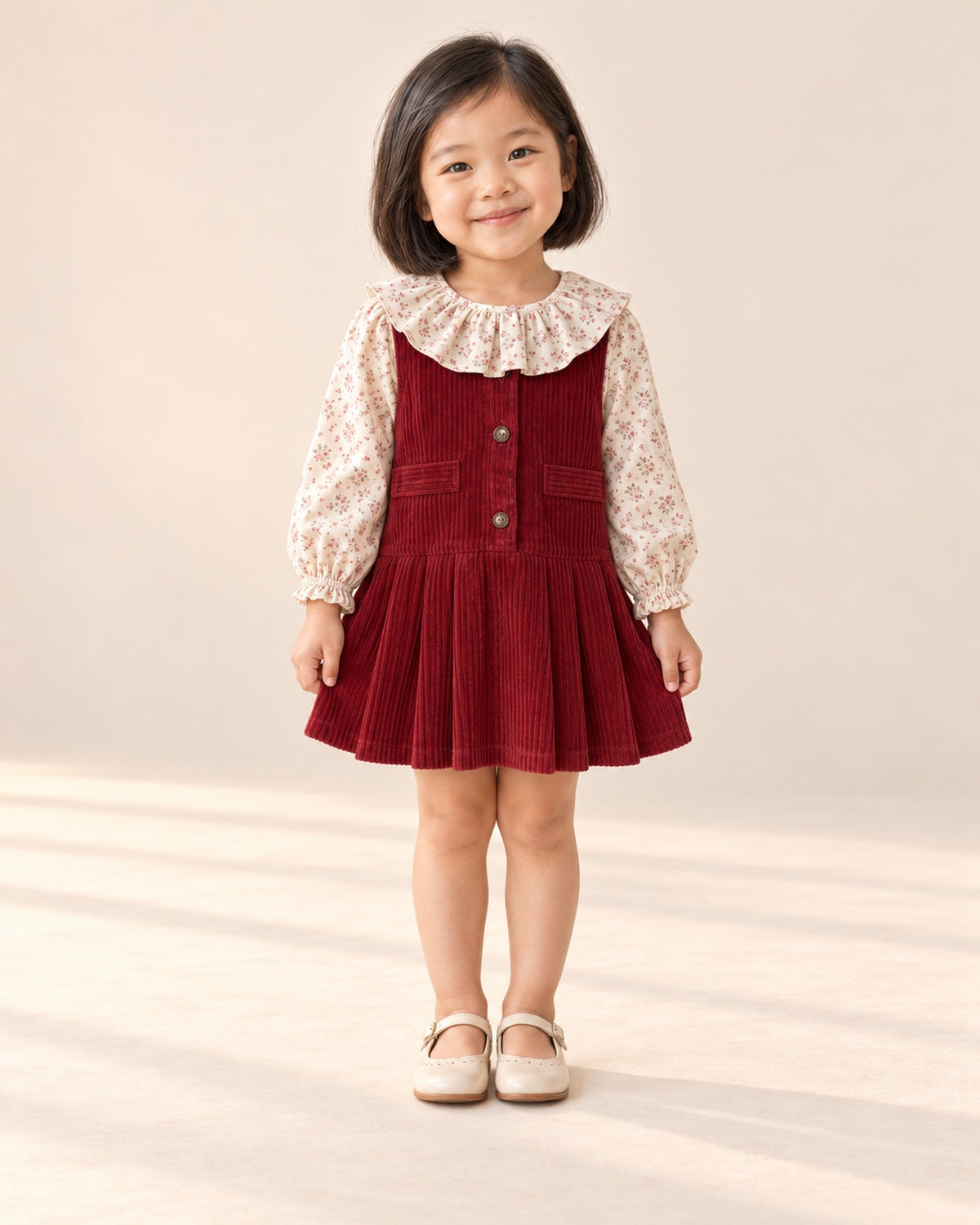 Front view of the red corduroy pinafore dress, full length – Deep Red