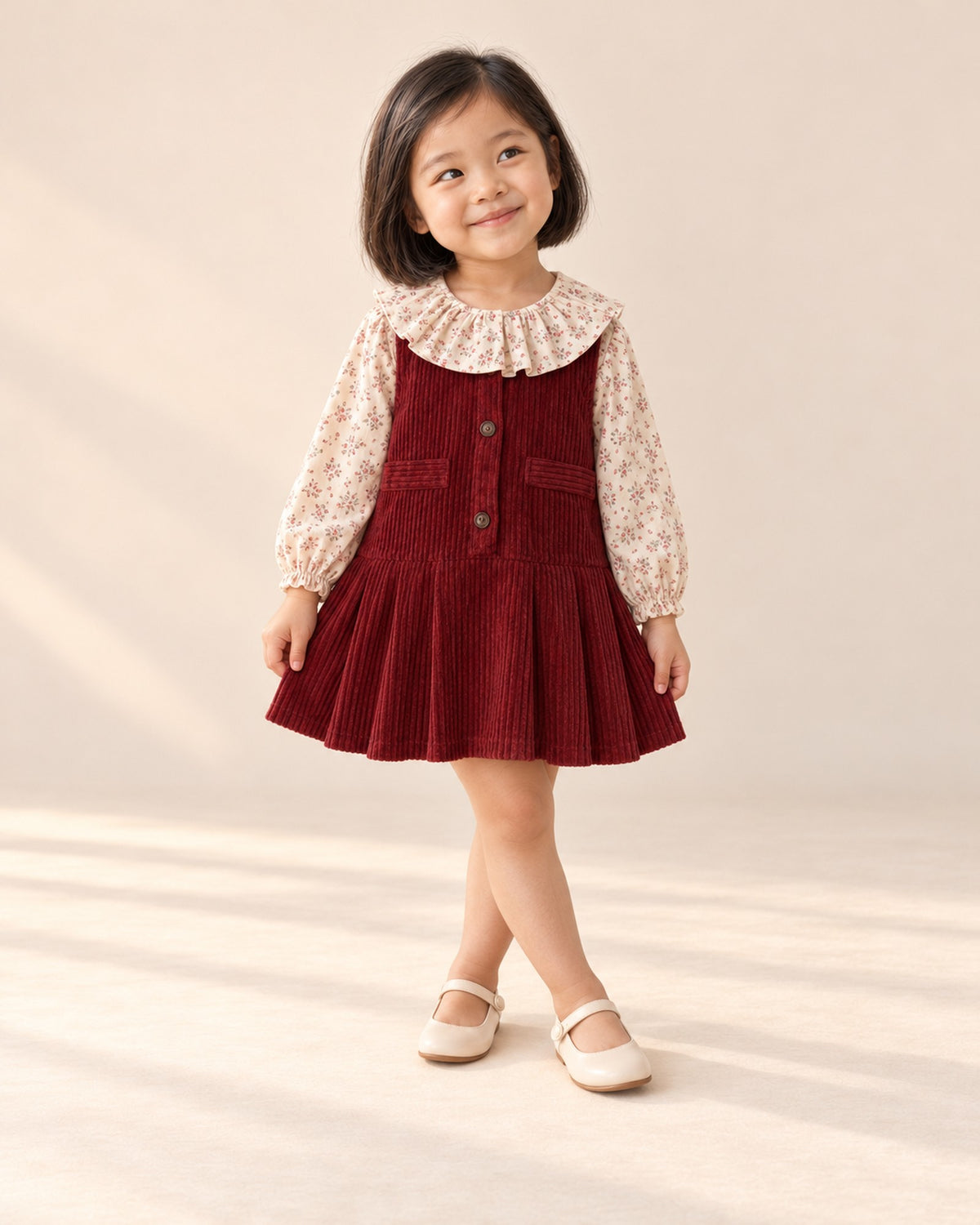 Girl standing with crossed feet in the red corduroy pinafore – Deep Red