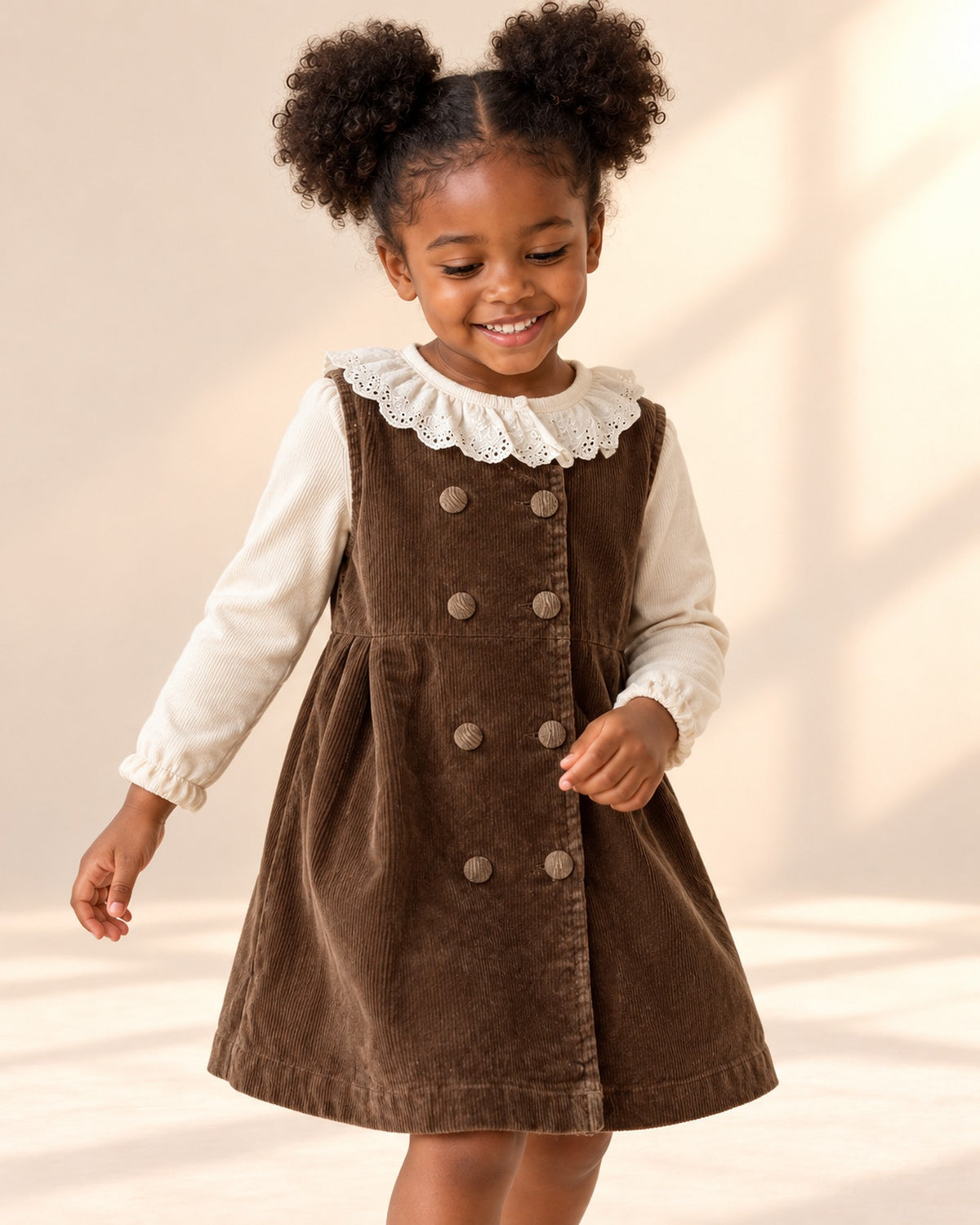 Girl in the Josie brown corduroy pinafore dress over a lace collar blouse – Chocolate Brown