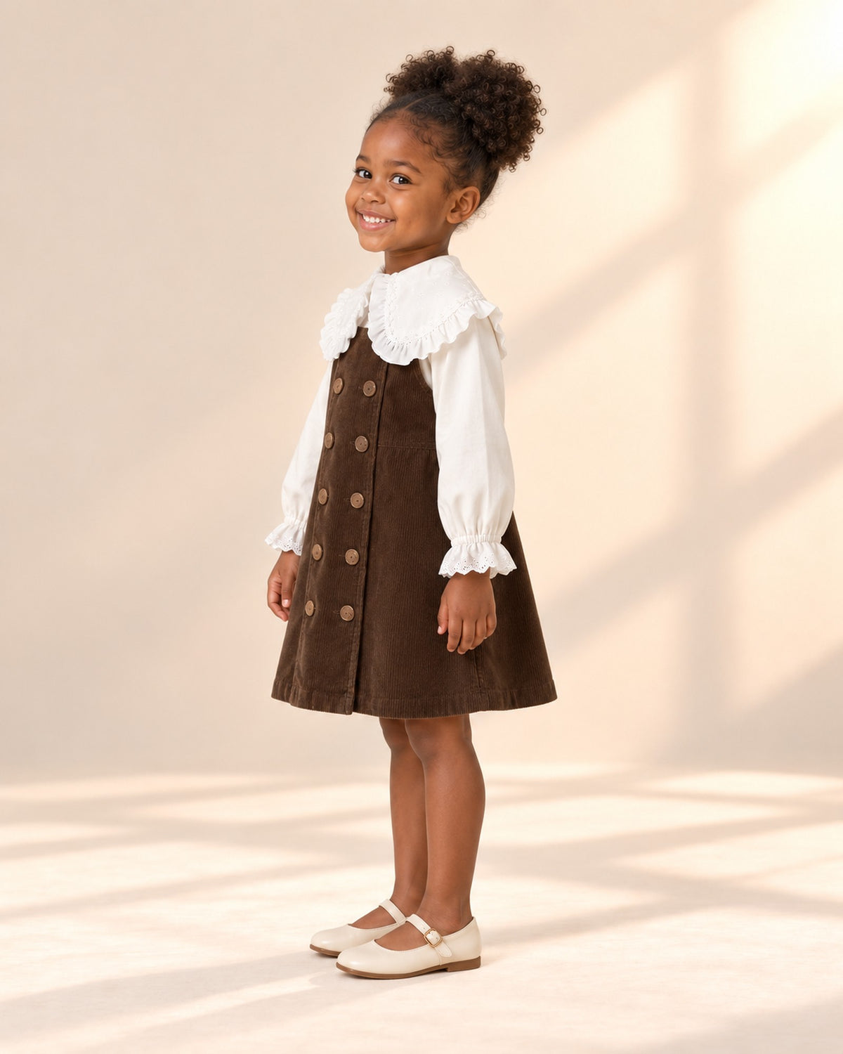 Side view of the corduroy pinafore dress worn with the ruffle collar blouse – Chocolate Brown