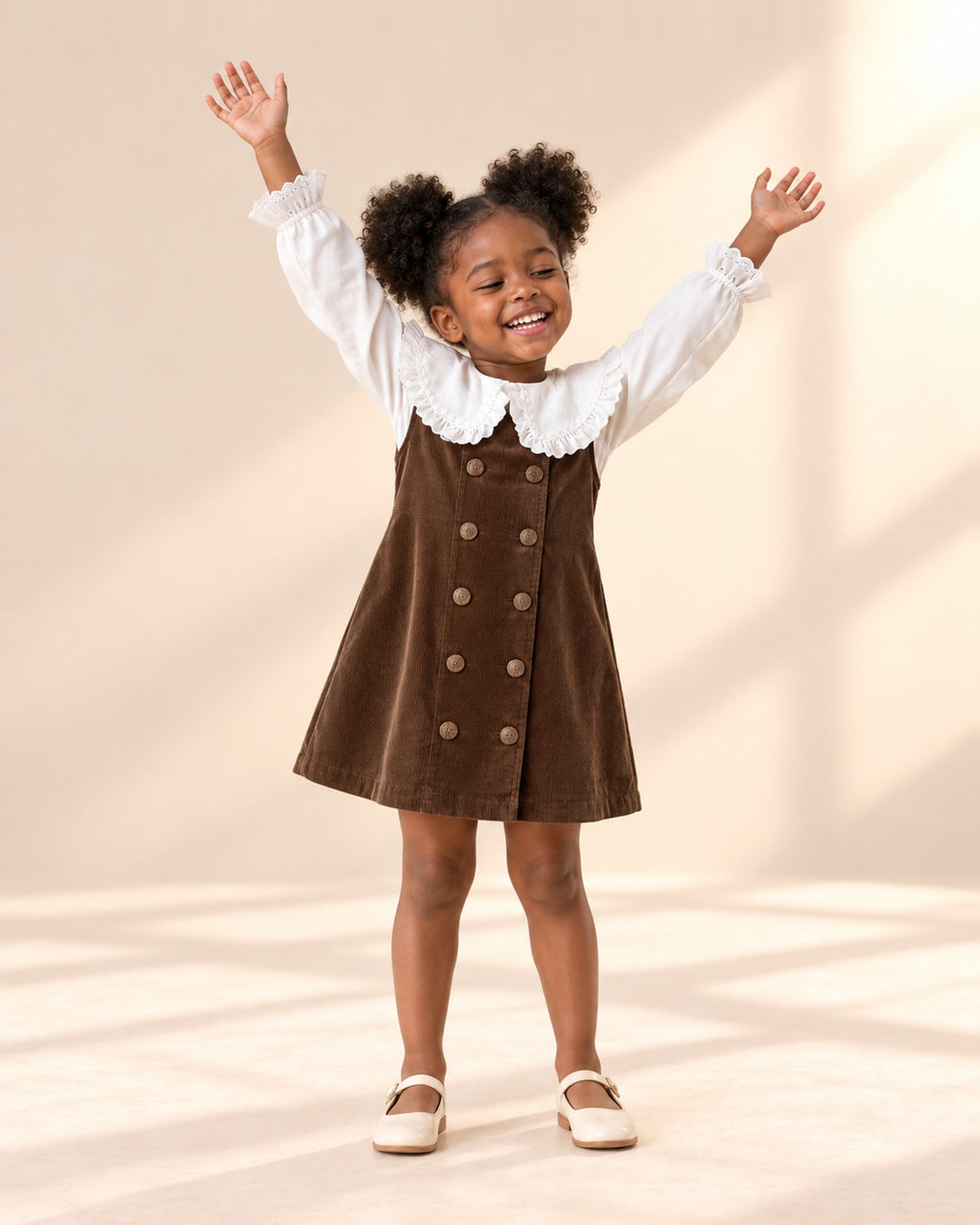 Girl at play in the corduroy pinafore dress, styled with the ruffle collar blouse – Chocolate Brown