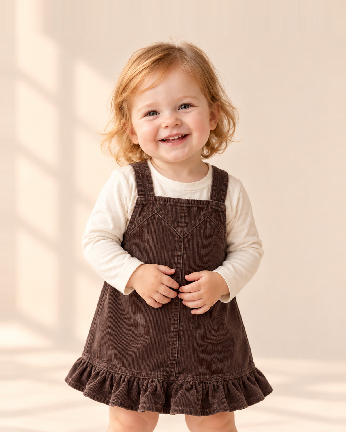 Toddler smiling in the Wren chocolate corduroy pinafore – Chocolate Brown