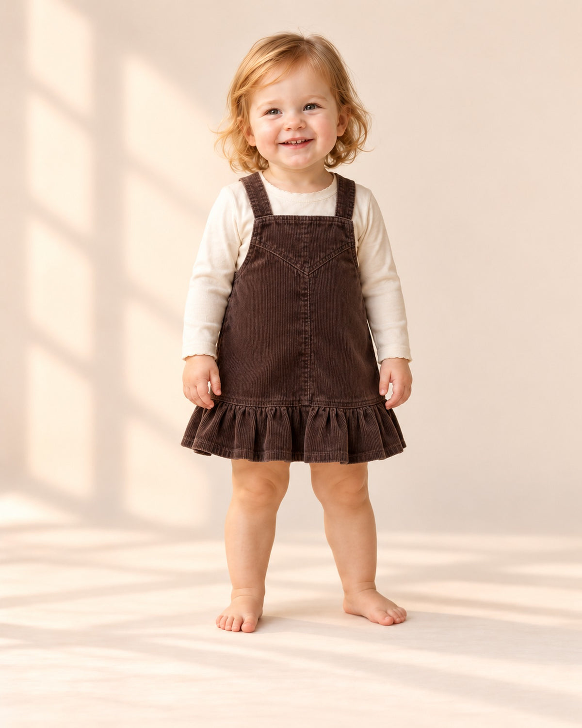 Front view of the brown ruffle hem pinafore, full length – Chocolate Brown