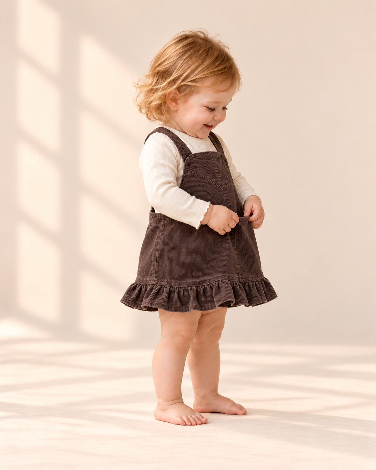 Side view showing the A-line shape and ruffled hem – Chocolate Brown