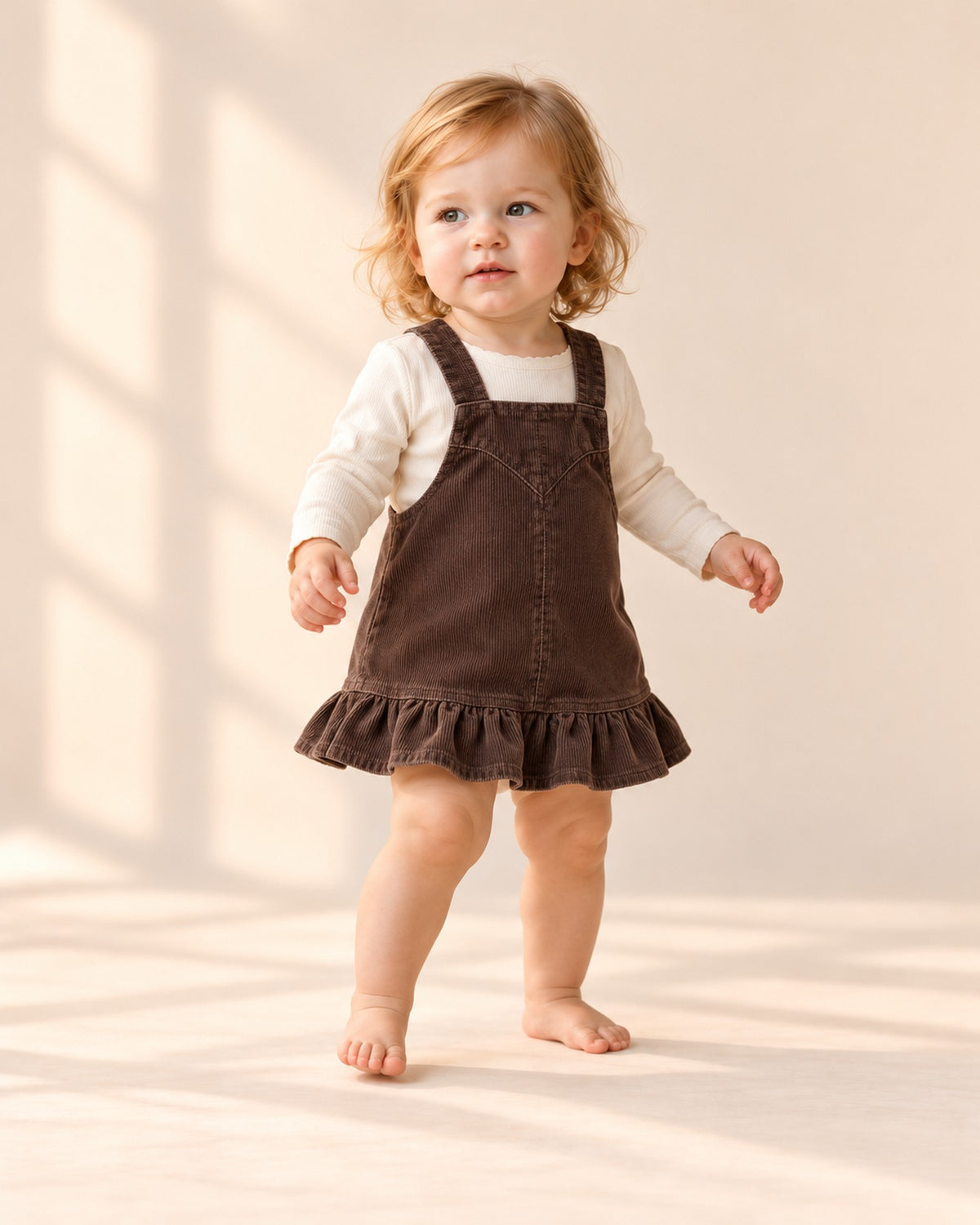 Toddler walking in the dark brown corduroy pinafore – Chocolate Brown