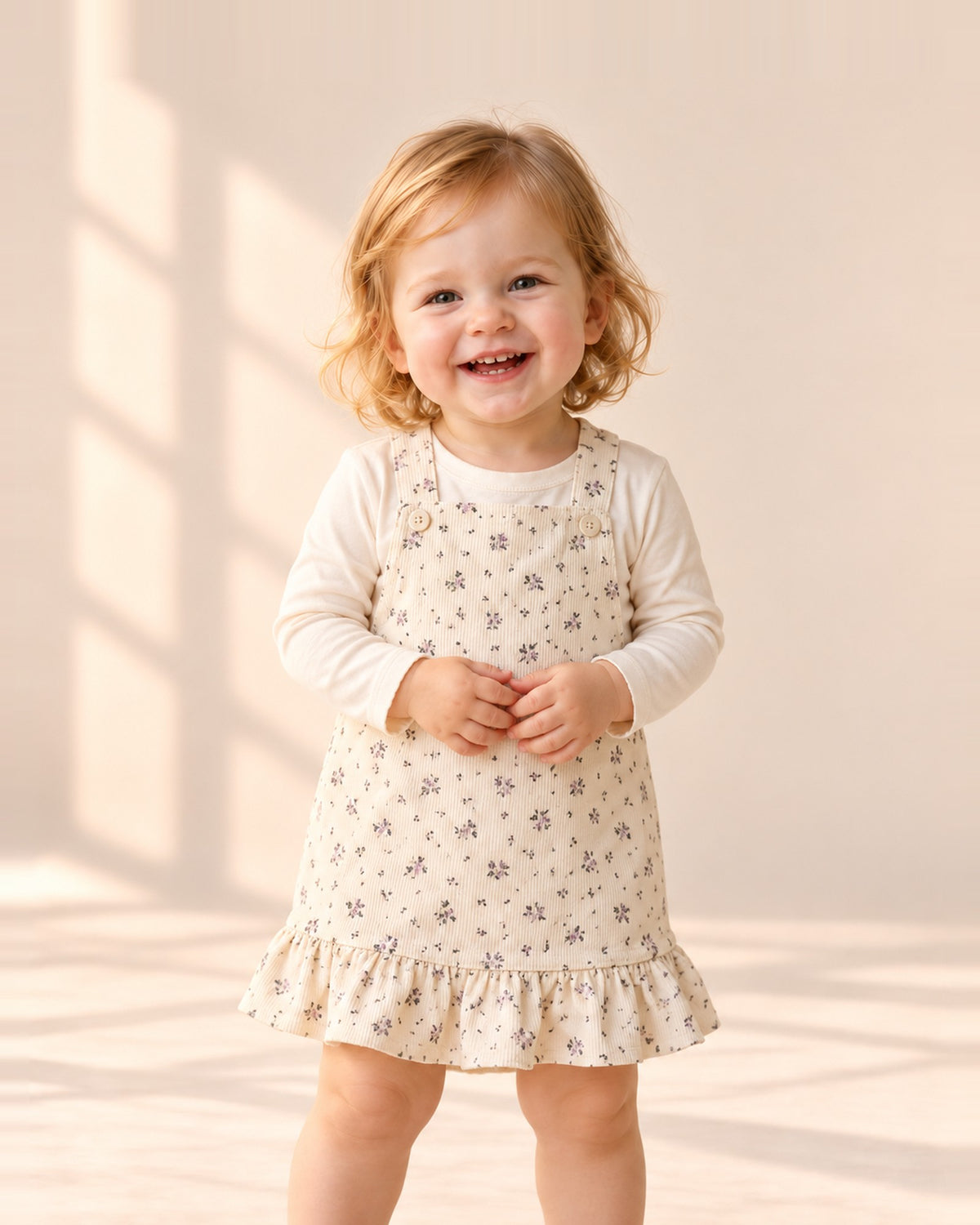 Wren Ruffle Hem Corduroy Pinafore in Cream Floral – main