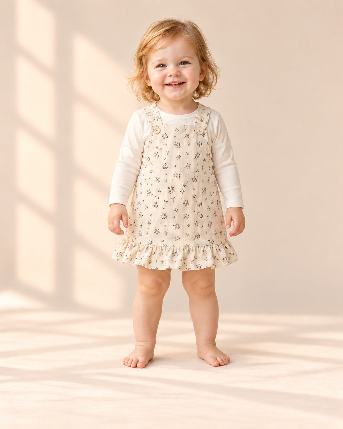 Wren Ruffle Hem Corduroy Pinafore in Cream Floral – full front view