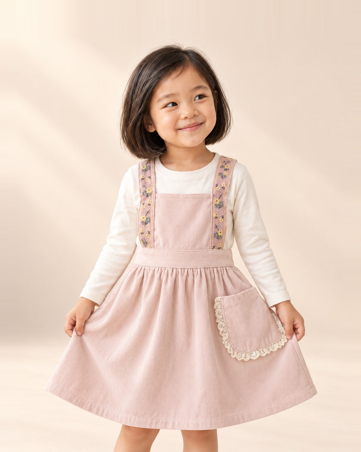 Girl smiling in the Sylvie pink corduroy pinafore with floral straps – Pink