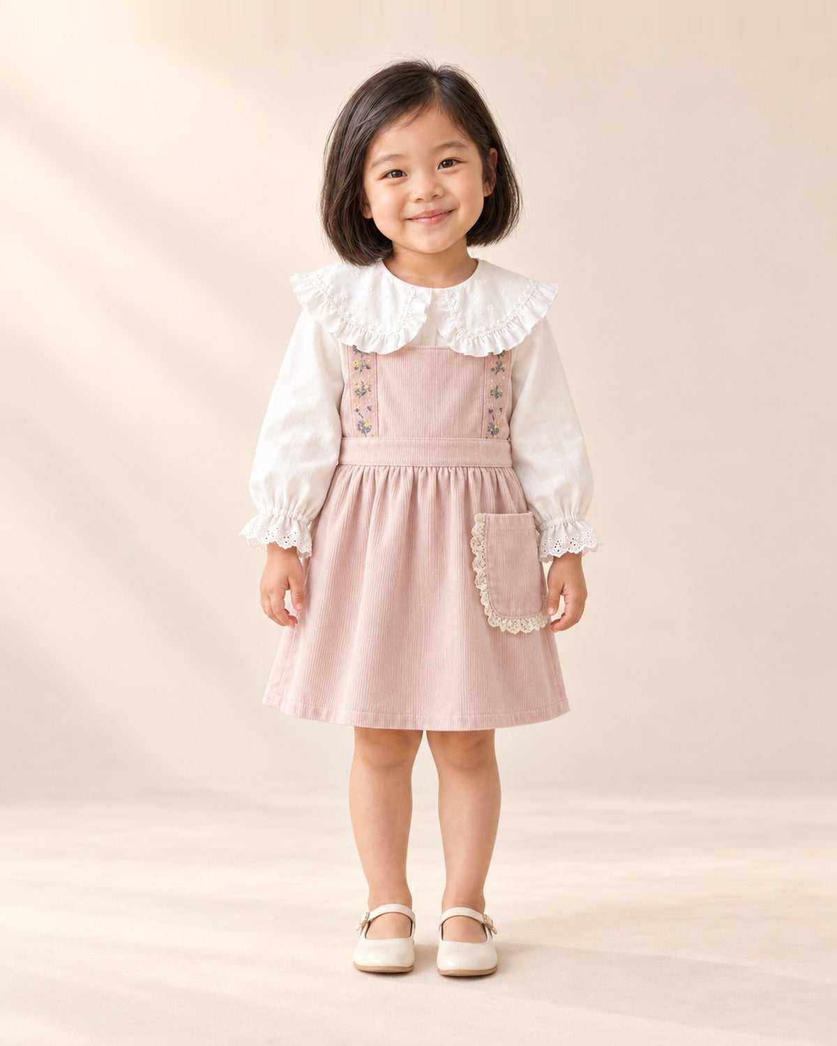Full-length front view of the lace pocket corduroy pinafore, paired with the ruffle collar blouse – Pink