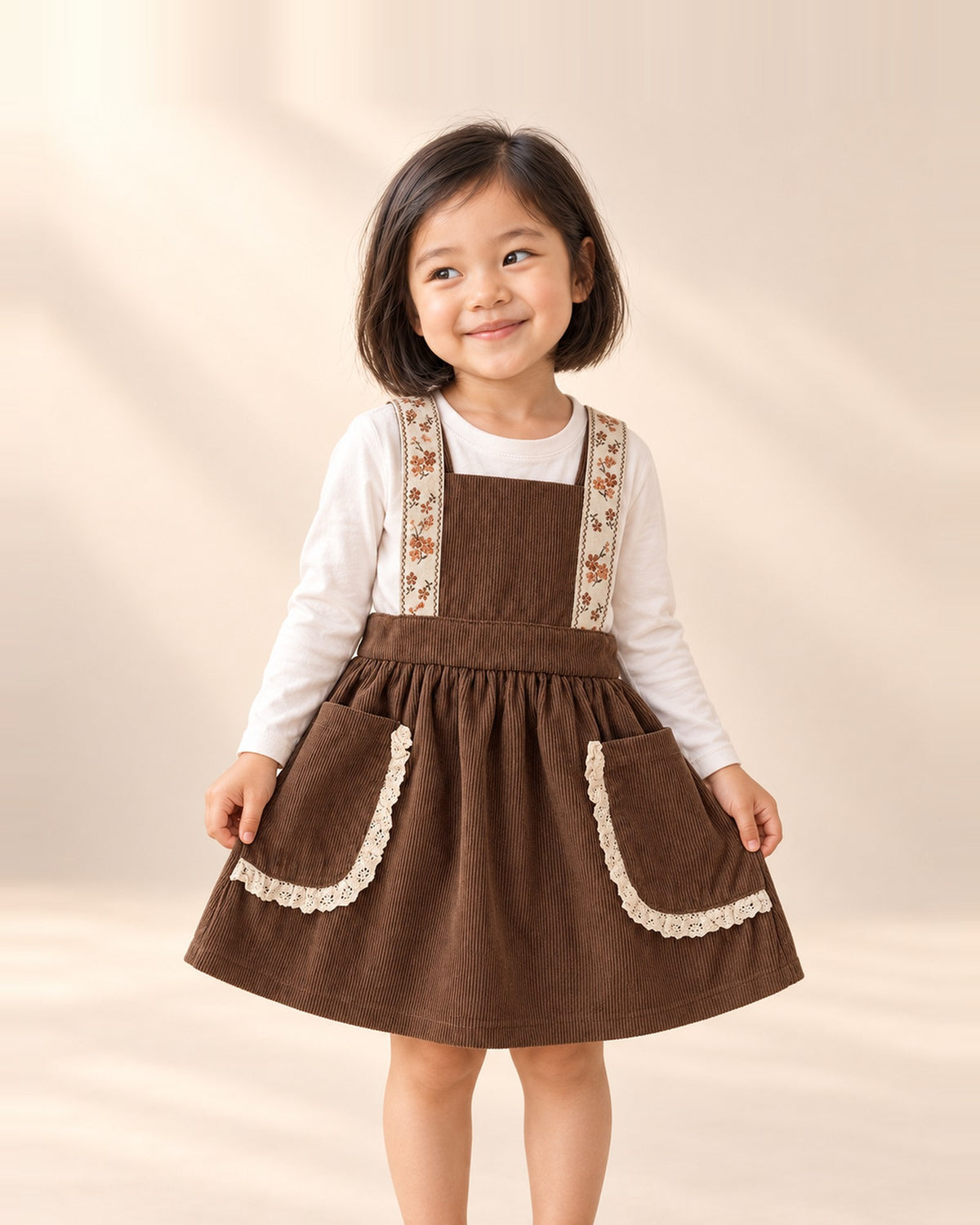 Sylvie Lace Pocket Corduroy Pinafore in Chocolate – main