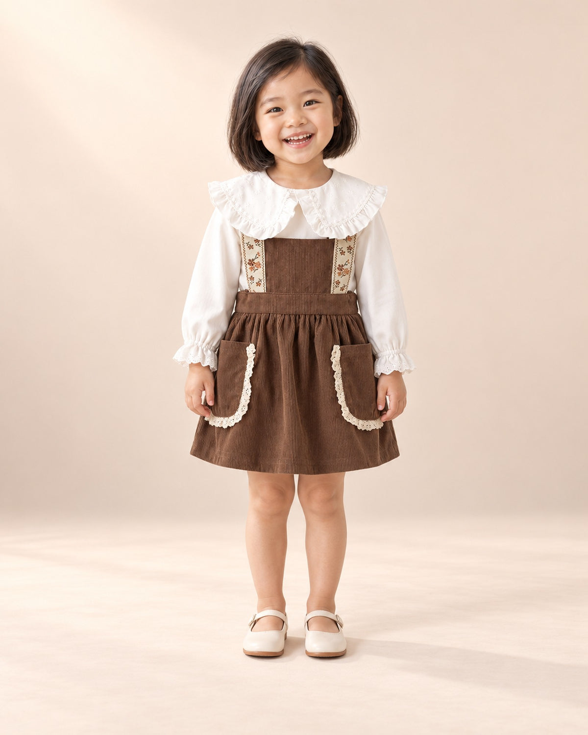 Sylvie Lace Pocket Corduroy Pinafore in Chocolate – full front view