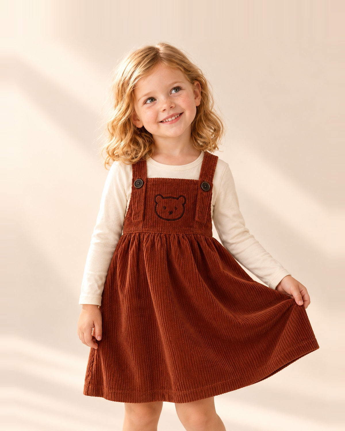 Girl holding out the skirt of the Betsy rust corduroy teddy pinafore – Rust