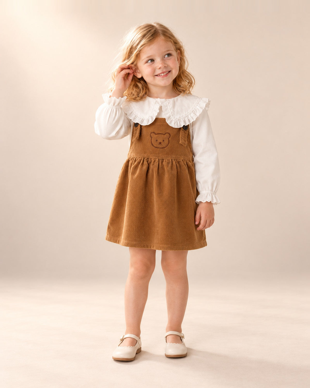 Betsy Teddy Corduroy Pinafore in Caramel – full front view