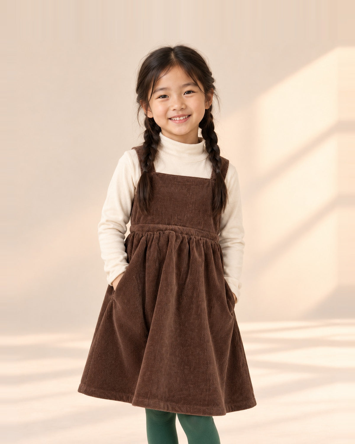 Girl smiling in the Frances chocolate velvet corduroy pinafore – Chocolate