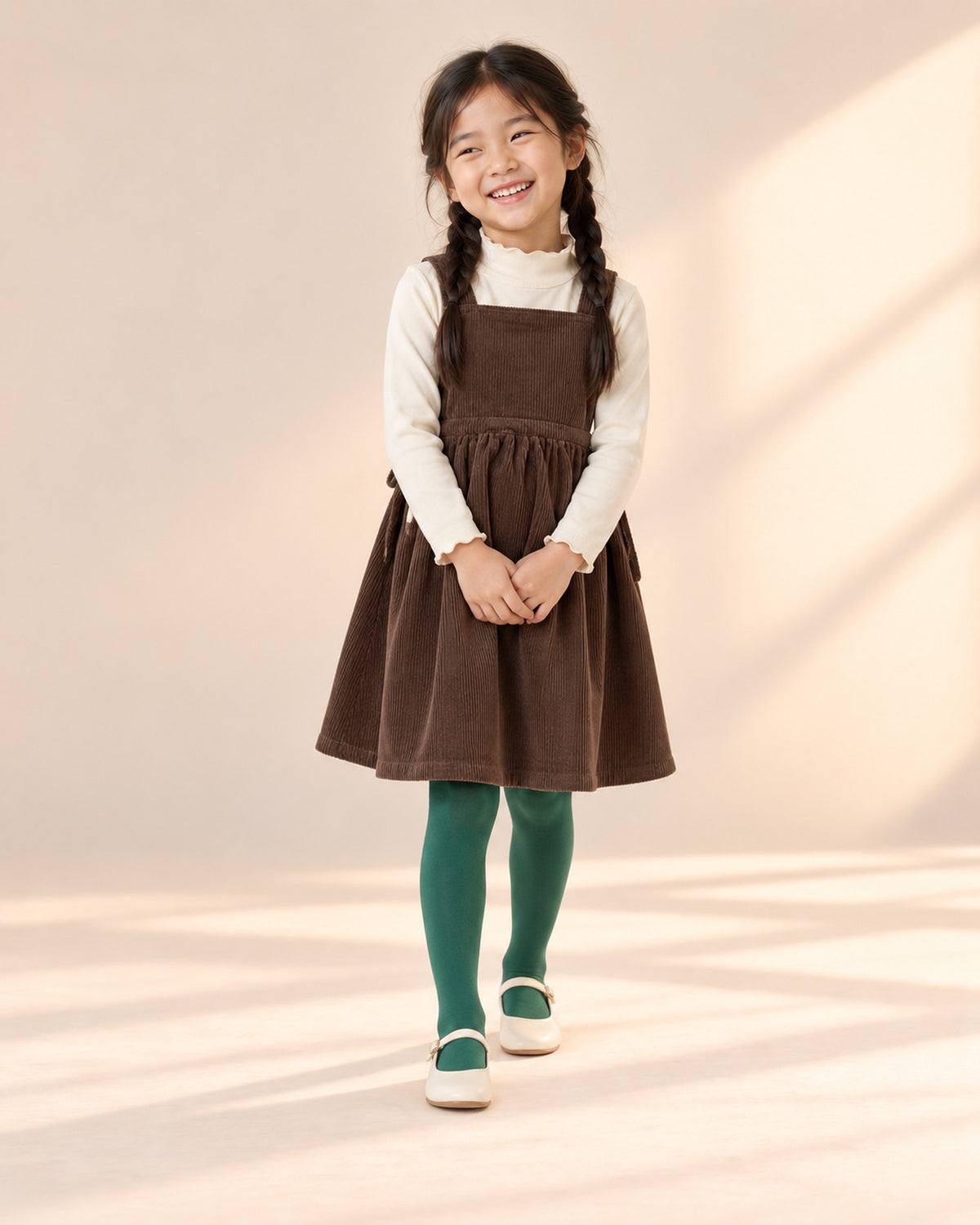 Front view of the brown corduroy pinafore over a cream turtleneck, full length – Chocolate