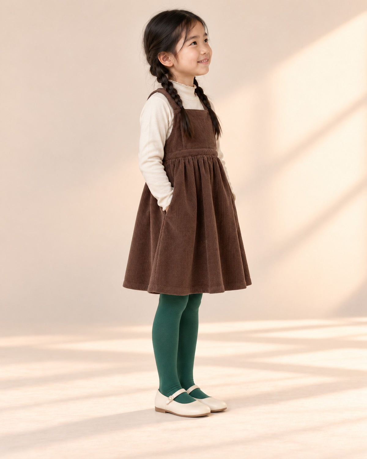 Side view showing the side tie and full skirt – Chocolate