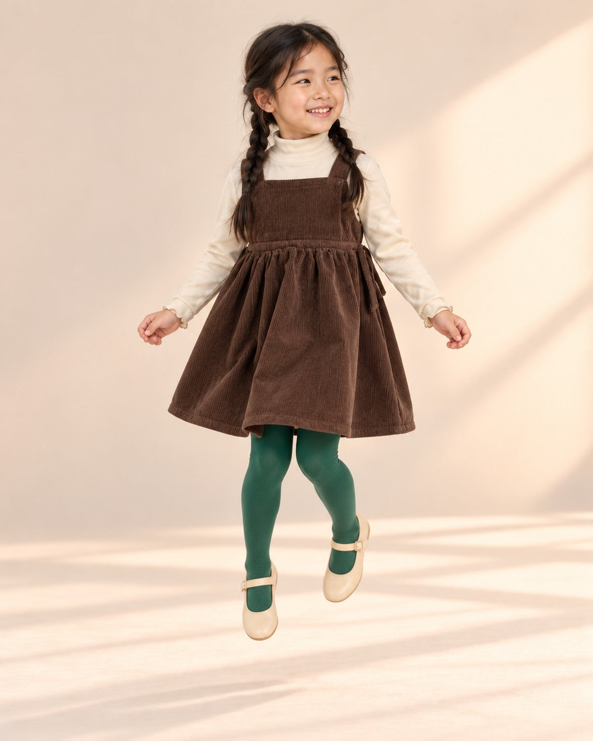 Girl jumping in the chocolate corduroy pinafore – Chocolate