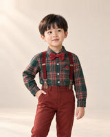 Boy in the Caspar green and red tartan shirt with red bow tie and suspenders – Tartan