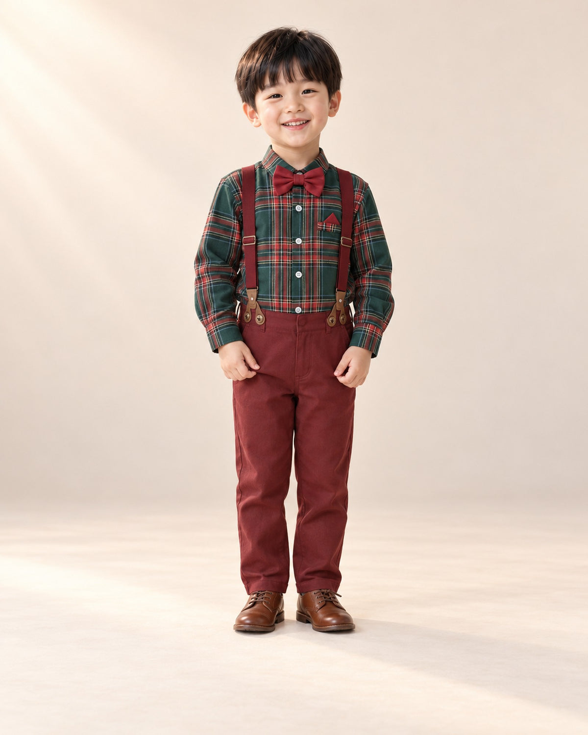 Front view of the holiday tartan suspender set, full length – Tartan