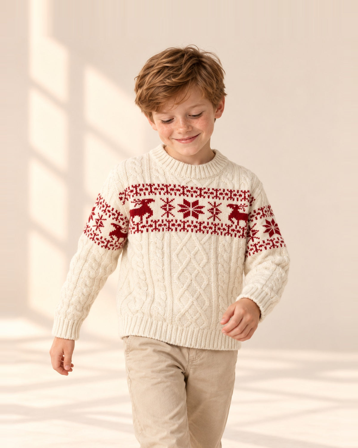 Boy in the Walter cream reindeer sweater, close-up of the red Nordic band – Cream