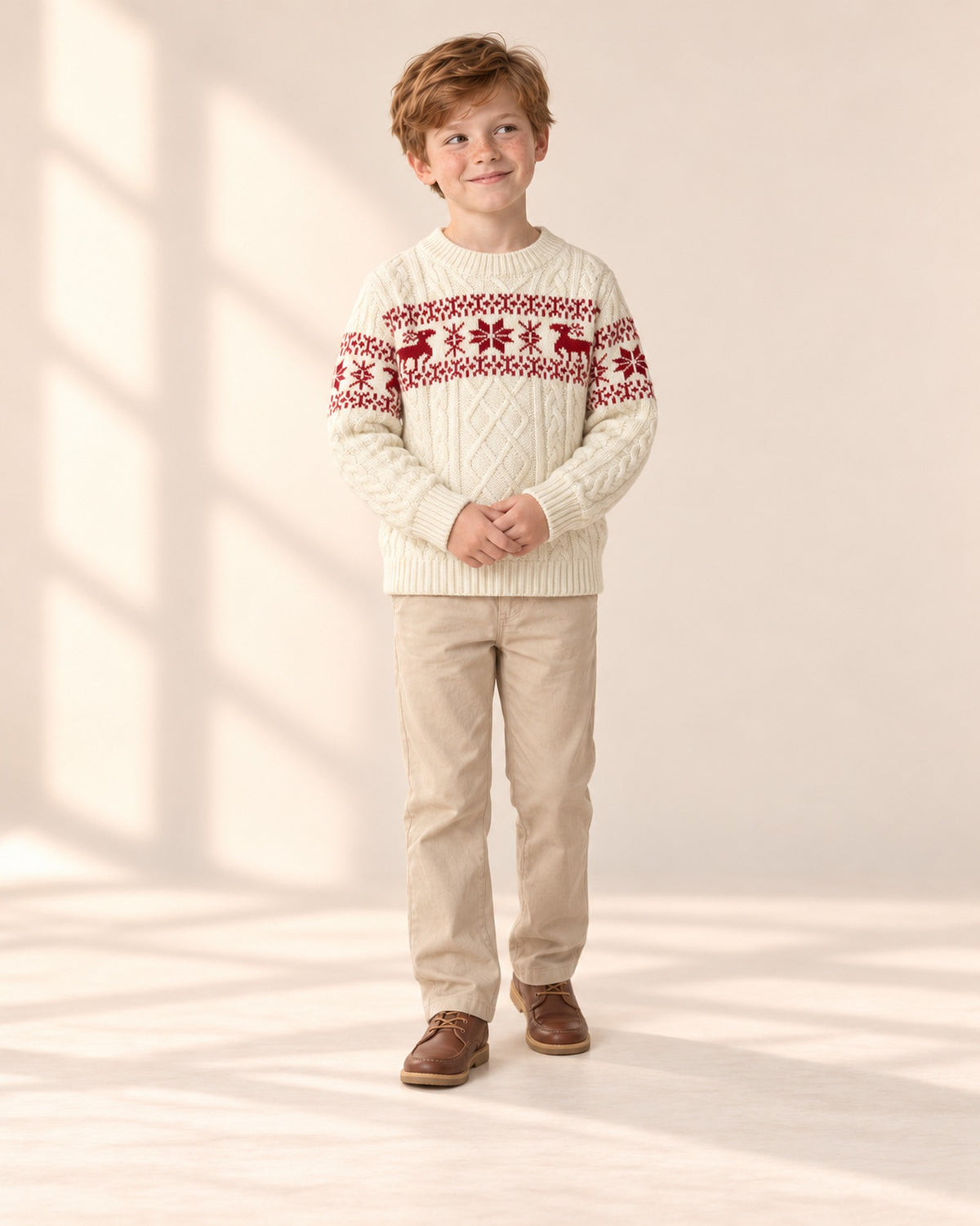 Front view of the Nordic reindeer sweater with khaki pants, full length – Cream