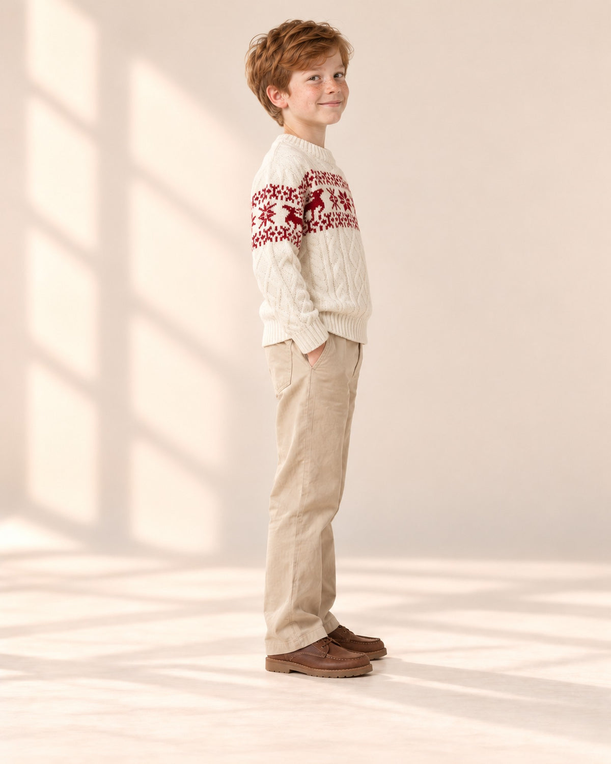Side view of the cream cable-knit sweater – Cream