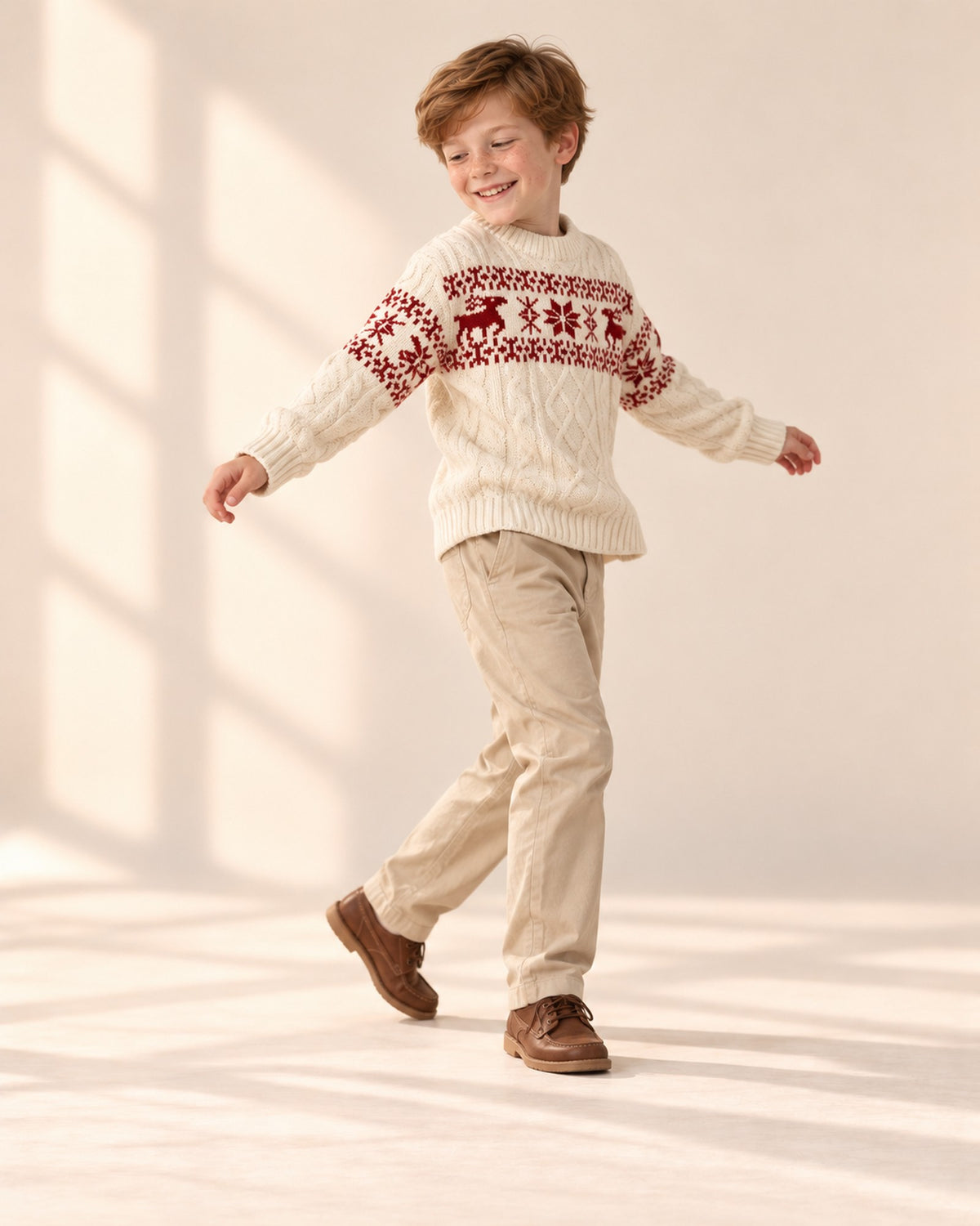 Boy walking playfully in the cream and red Nordic sweater – Cream