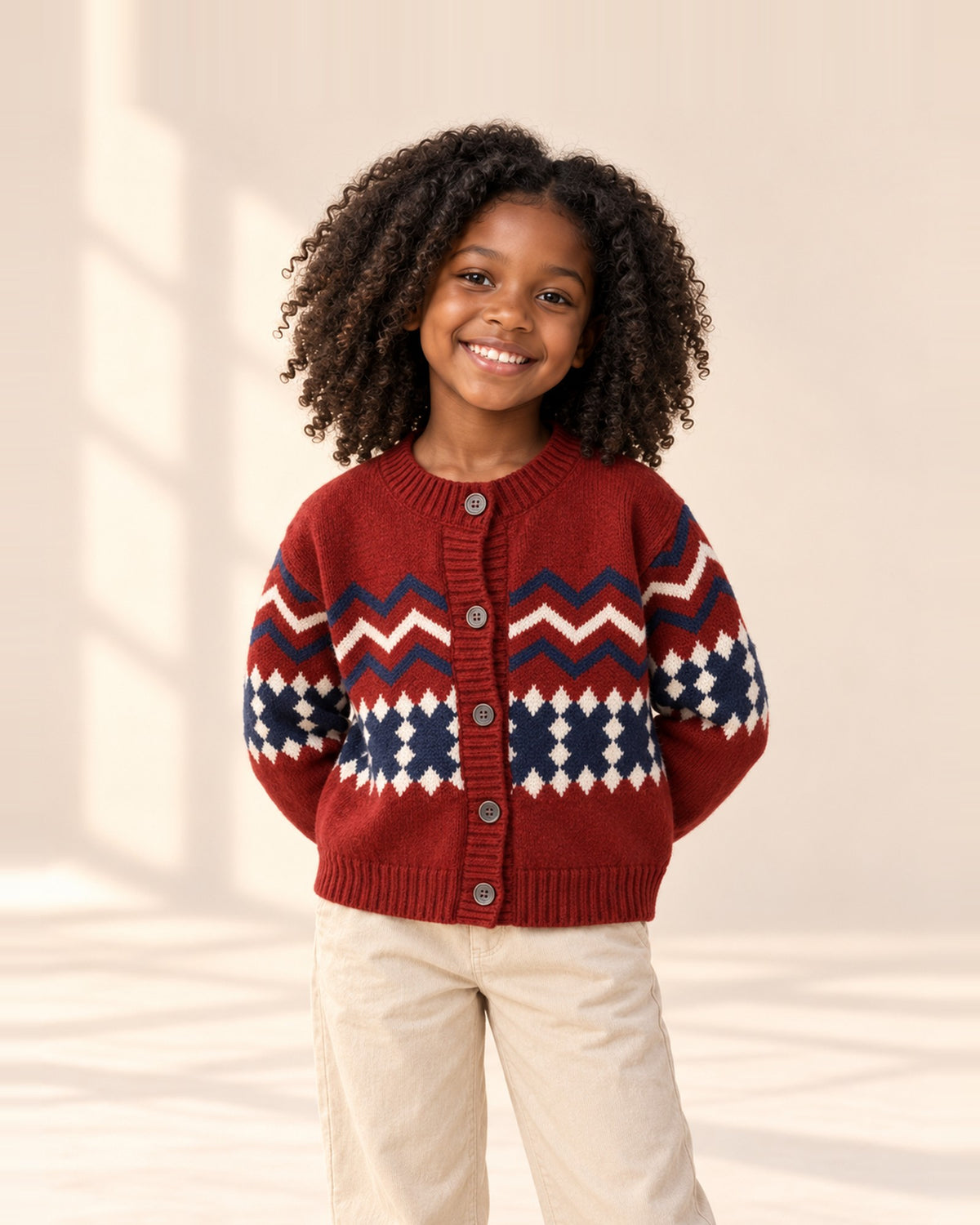 Girl in the Greta red Fair Isle cardigan, smiling with her hands behind her back – Red
