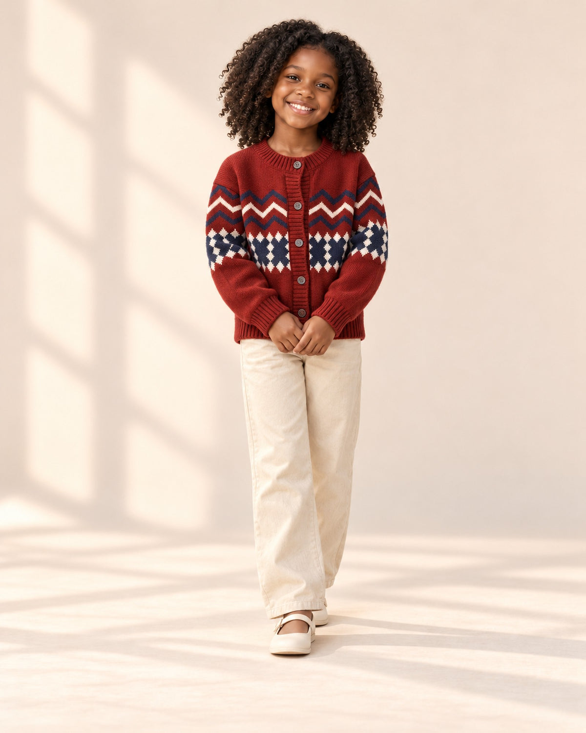 Front view of the red Fair Isle cardigan with cream pants, full length – Red
