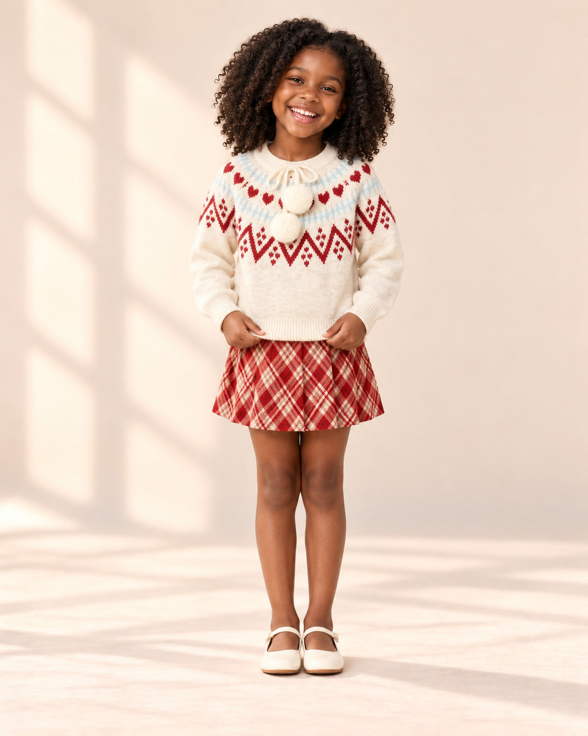 Front view of the Fair Isle sweater and plaid skirt set, full length – Cream & Red
