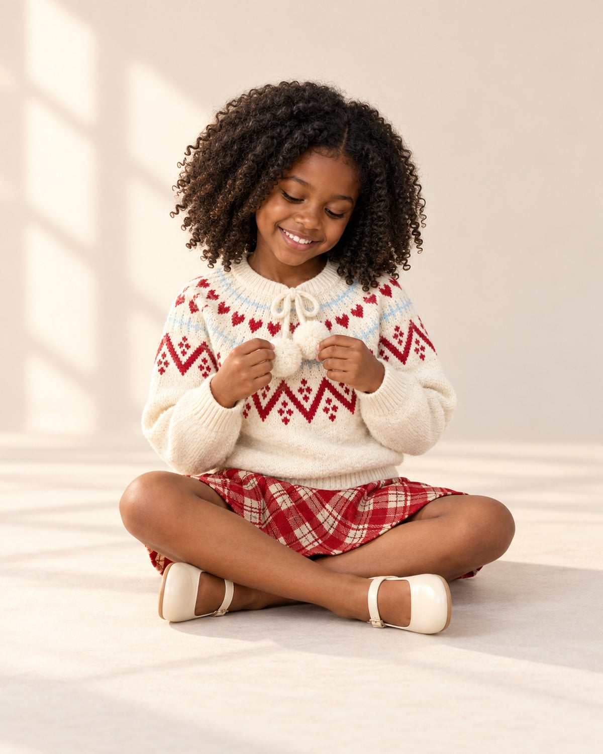 Girl sitting cross-legged holding the pompom ties of her sweater – Cream & Red