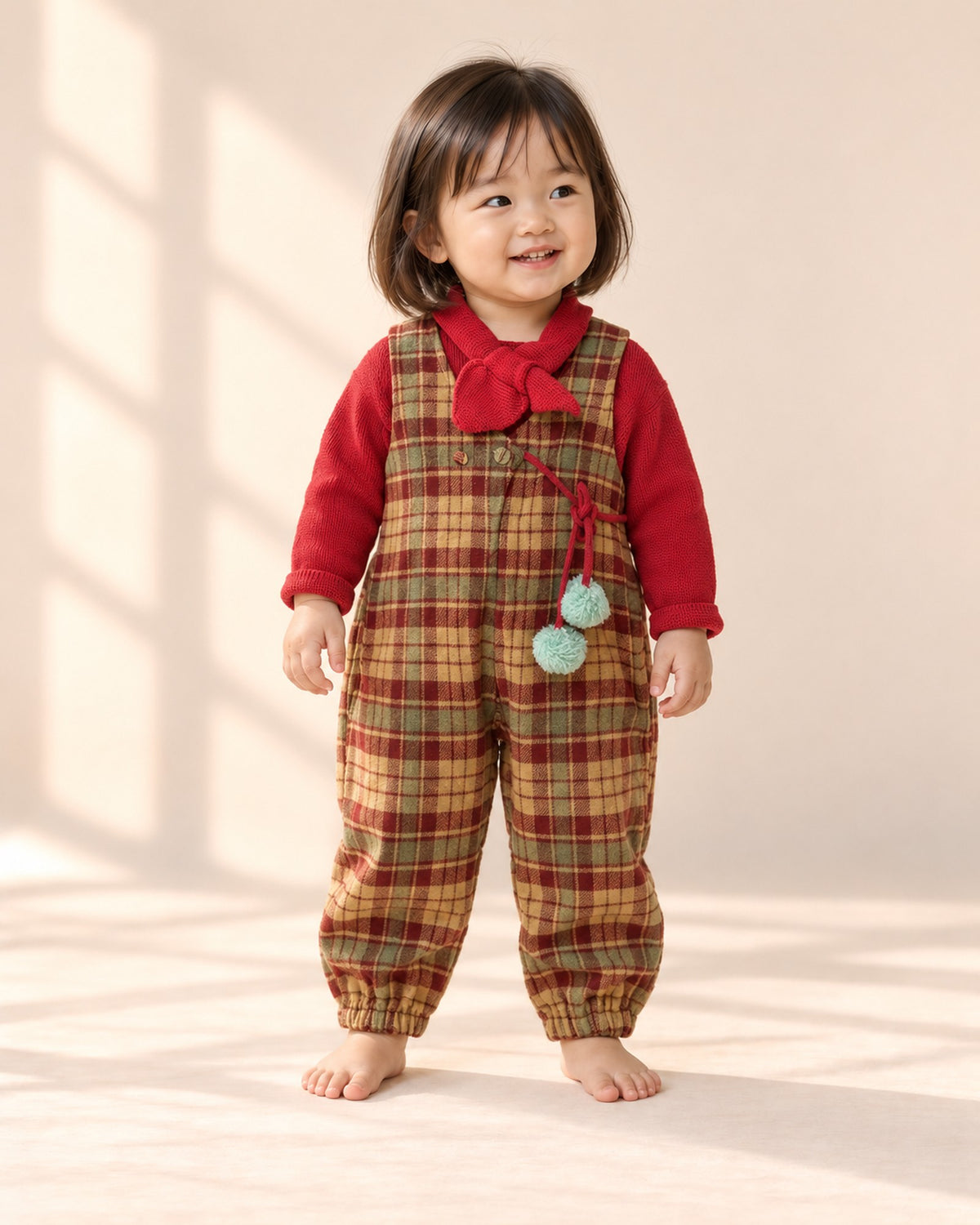 Front view of the tartan overall set worn with an open sherpa jacket, full length – Tartan