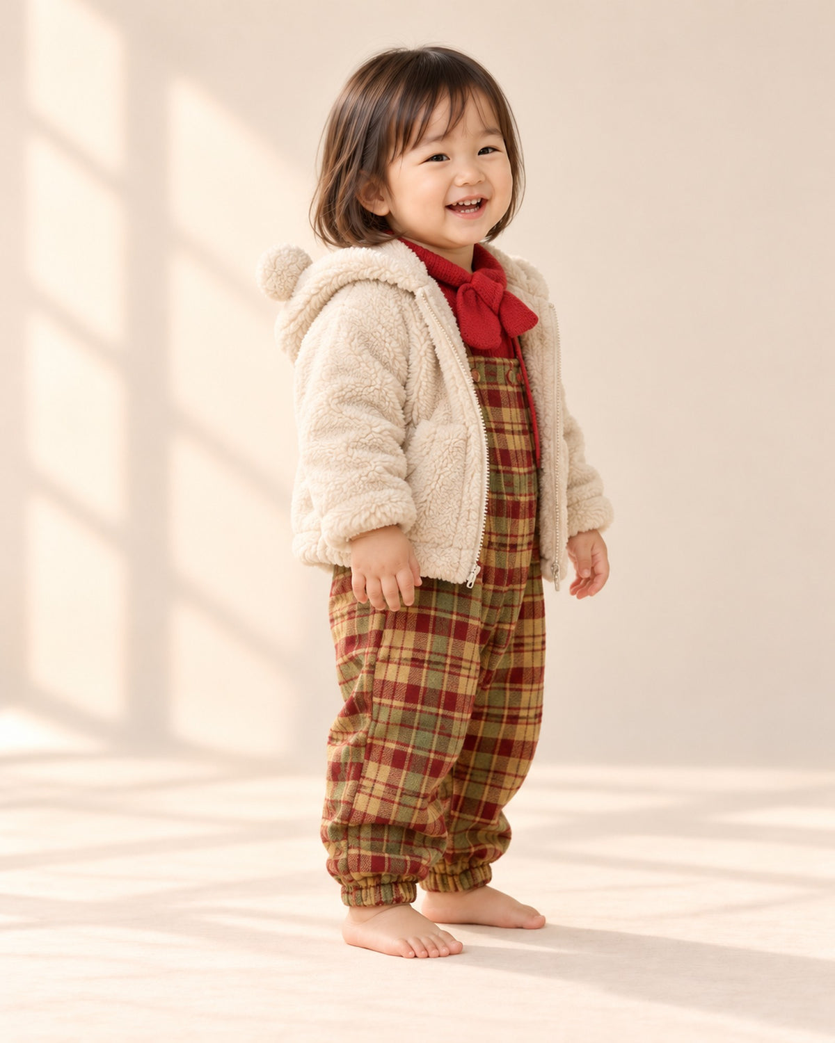 Side view showing the gathered ankle cuffs and sherpa jacket – Tartan