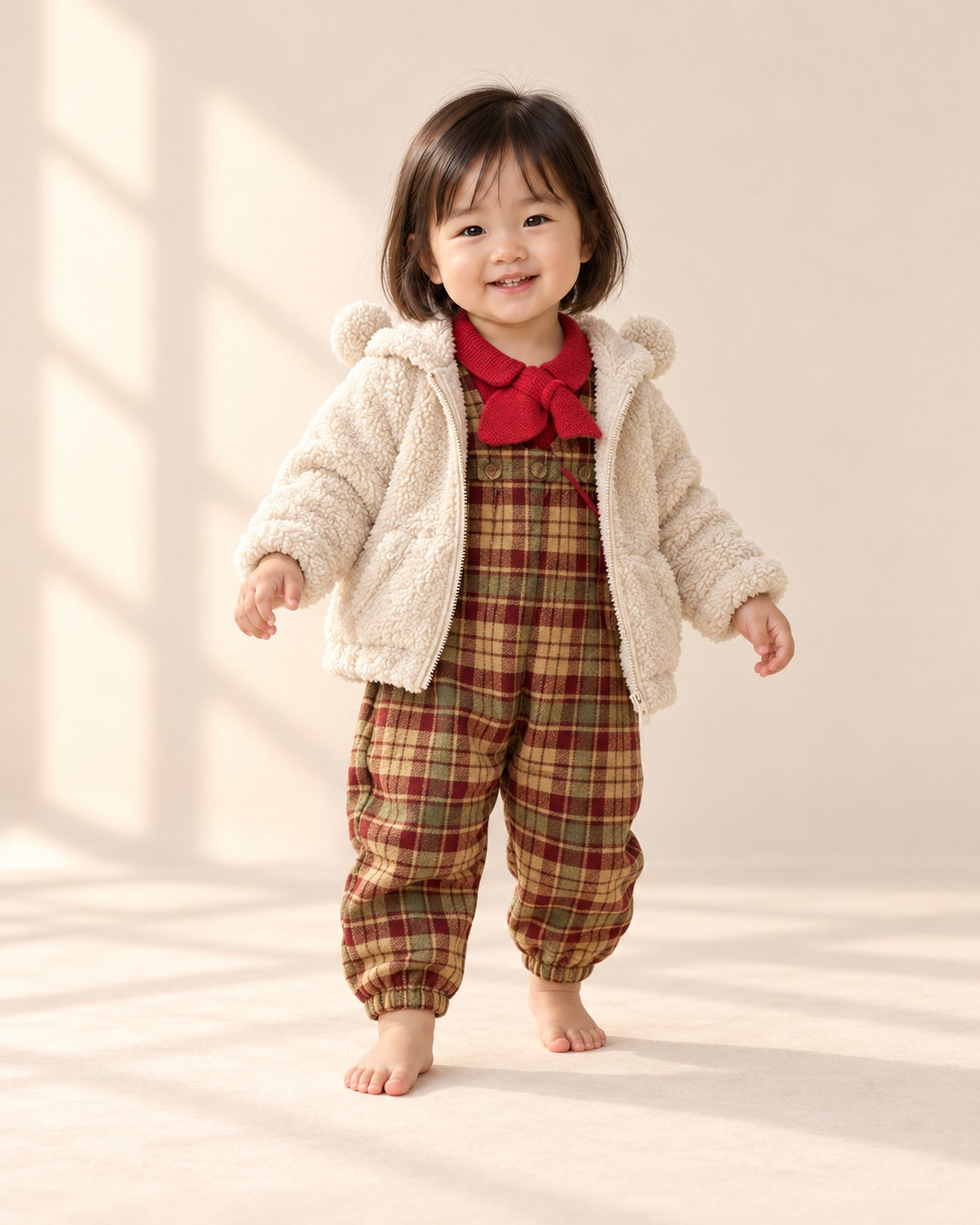 Toddler walking in the tartan overalls and cream sherpa jacket – Tartan